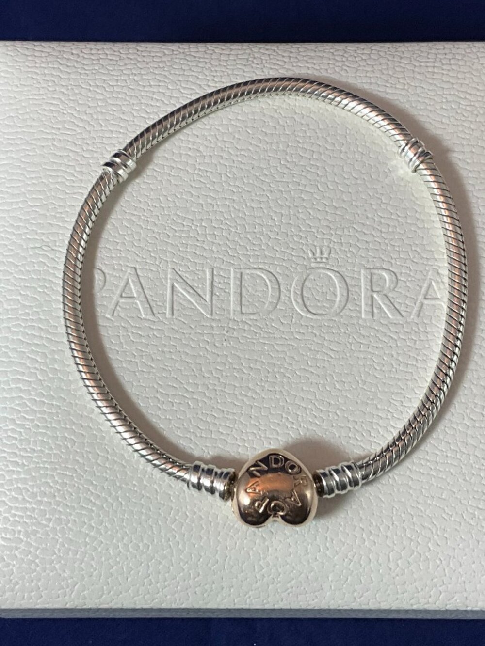 NWOT 100% PANDORA Rose Gold Two tones 925 Heart Clasp Bracelet 7.9"/19cm 580719